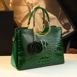 Genuine Leather Crocodile Flower Tassel Handbag