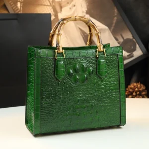 Crocodile Leather Women Bamboo Handle Tote Bag